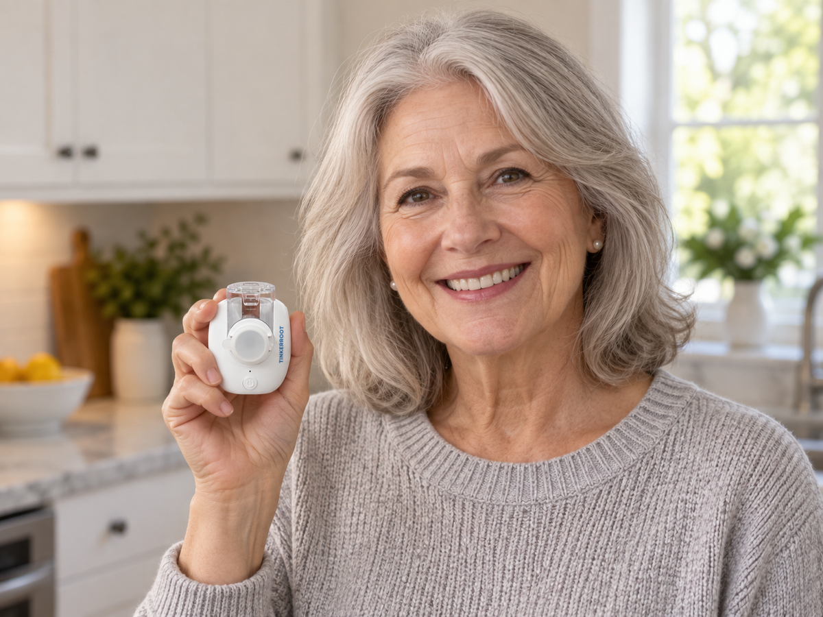 Woman holding Tinkerroot Pro in her kitchen