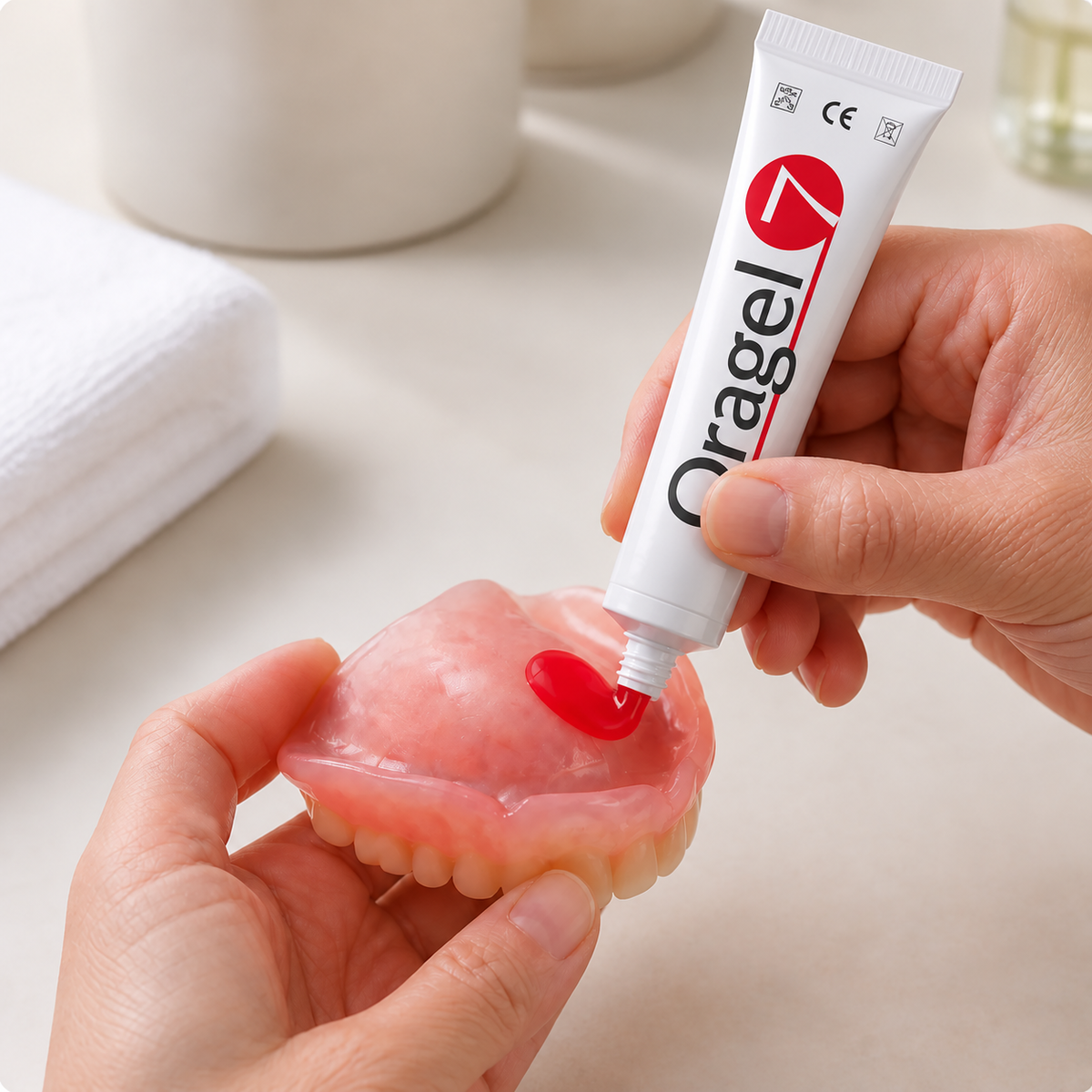 Oragel gel applied to a denture
